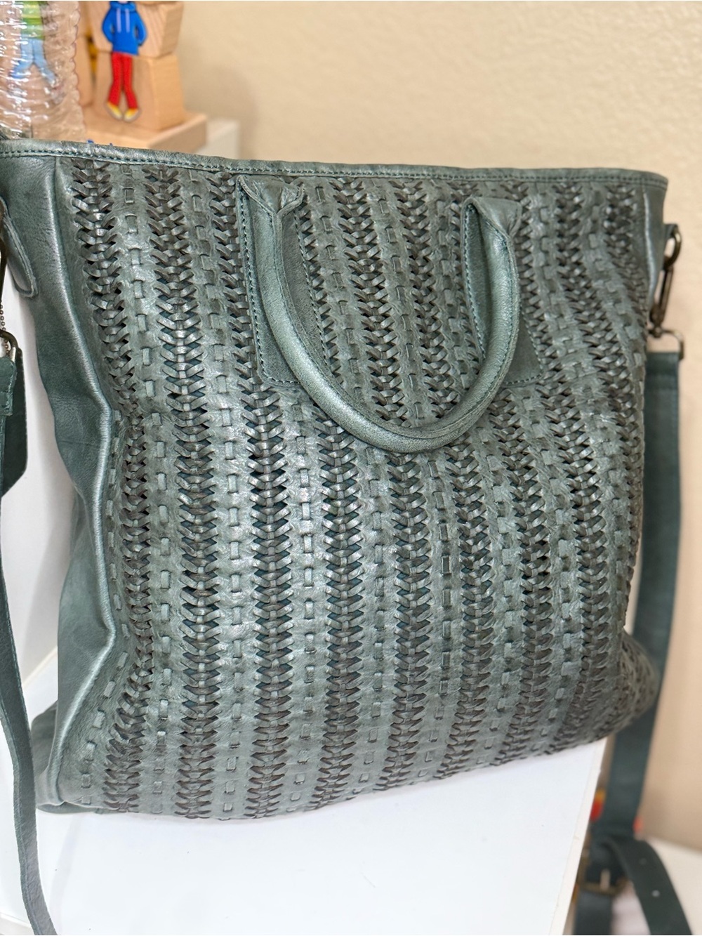 Ashwood Heritage Woven Genuine Leather Tote Satchel Crossbody Bag Blue Gray